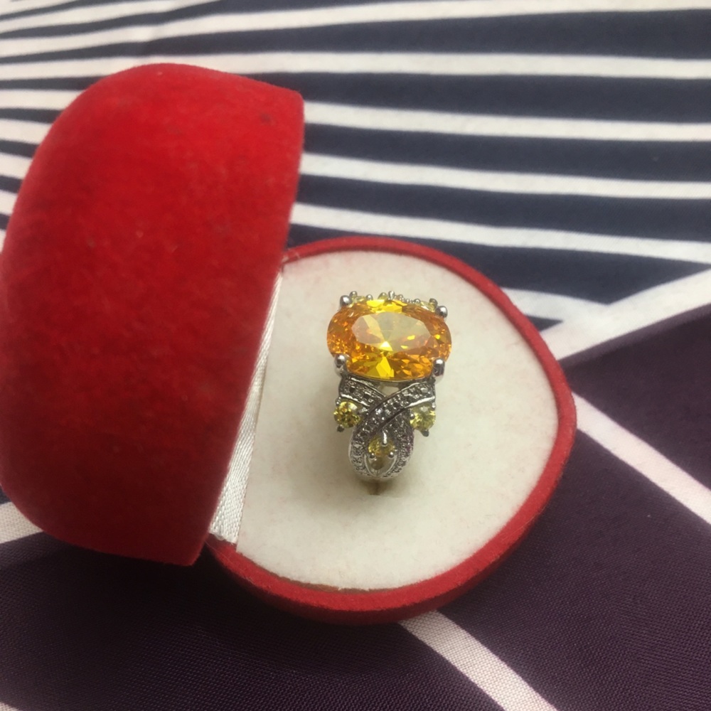 Brass Rhodium Plated Oval Citrine & White CZ Ring